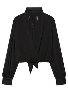 Women Elegant Stand Collar Bow Tie Blouse Long Sleeve Wrap Front Ruffled Shirt Polyester Casual Office Top For Lady