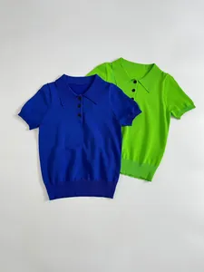 Cobalt blue and neon green short-sleeved knitted polo shirts with ribbed collar detail