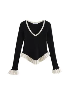 Women's Elegant V-Neck Long Sleeve Knit Sweater Commuter Design Layered Ruffle Trim Ribbed Polyester Pullover Top