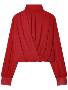 Elegant red mock neck long sleeve wrap chiffon blouse with draped front design for women
