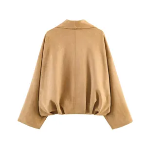 Back view of a stylish khaki faux suede cropped jacket featuring an oversized silhouette.