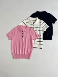Short-sleeved knitted Polo shirts in pink, striped, and black colors for summer style