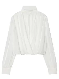 Elegant white long-sleeve wrap blouse with mock neck and draped details for women
