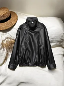 Damen Lychee-Narbung Kunstlederjacke Stehkragen Oversized Streetwear Herbst PU-Leder Moto Biker Reißverschluss Mantel Top