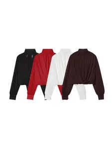 Elegant stand-up collar long-sleeved draped blouse for women in four essential colors.