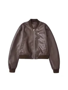 Classic vintage brown faux leather bomber jacket for women featuring front zipper