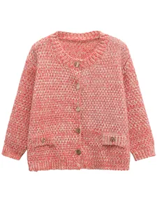 Elegant orange and white mixed knit cardigan featuring round neck and gold buttons