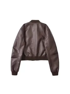 Vintage brown faux leather bomber jacket for women with a relaxed fit back view