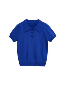 Women Short Sleeve Knit Polo Shirt Contrast Button Lapel Collar Ribbed Hem Casual Polyester Top For Summer Fashion