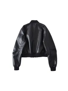 Vintage black faux leather bomber jacket for women with a loose and casual motorcycle fit.