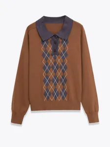 Pull polo en maille marron à manches longues pour femmes avec motif à losanges chic