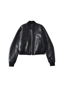 Retro black faux leather bomber jacket for women with a loose fit and front zip closure.