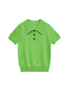 Vibrant lime green women's short sleeve knitted polo shirt featuring elegant black buttons