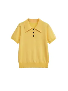 Women's chic yellow short sleeve knit polo shirt with lapel collar and buttons