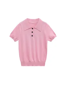 Women's short-sleeved pink knitted Polo shirt with lapel collar and black buttons