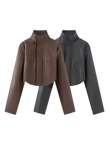 Slim fit dames cropped kunstleren jasjes in korsetstijl in de kleuren bruin en zwart