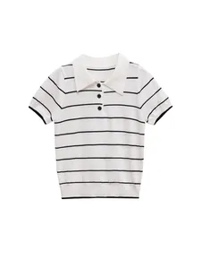 Women's chic striped knit polo shirt in white and black for a minimalist summer look.