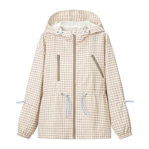 Classic retro beige gingham plaid hooded windbreaker jacket with adjustable drawstrings