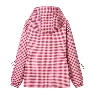 Back view of a retro red checkered hooded jacket with loose fit and drawstring detail