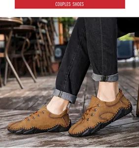 Détail de chaussures décontractées pour hommes en marron avec coutures contrastées