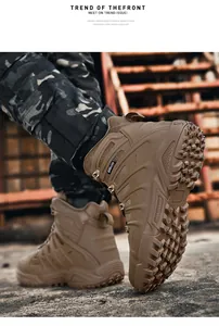 Close-up of brown high-top desert tactical boots for outdoor hiking and training sessions