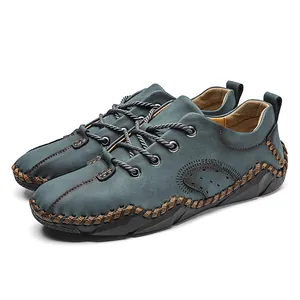 Chaussures décontractées en cuir bleu-gris pour hommes avec coutures contrastées et lacets