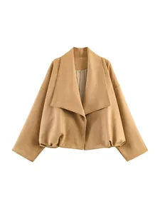 Women's Casual Khaki Polyester Suede Jacket Loose Lapel Long Sleeve Short Outerwear Top With Pocket European Streetwear