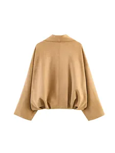 Oversized khaki faux suede jacket for women featuring wide lapel and relaxed silhouette