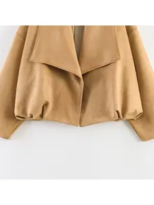 Stylish women's khaki faux suede jacket featuring a wide lapel and loose cropped fit
