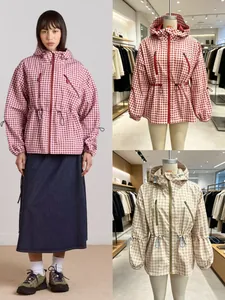 Vintage Gingham Hooded Jacket For Women Windproof Loose Fit Polyester Plaid Outerwear American Style Casual Spring Coat