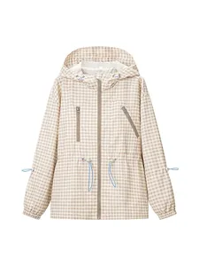 Women's retro plaid hooded windbreaker jacket with drawstring waist for spring