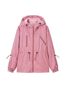 Pink and white gingham hooded jacket for women featuring a drawstring waist design.