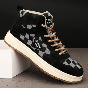 Ανδρικά Vintage Sneakers με Σκακιέρα Υψηλό Προφίλ Μόδα Casual Παπούτσια Καμβά Χοντρή Σόλα Retro Streetwear Παπούτσια Board με Κορδόνια