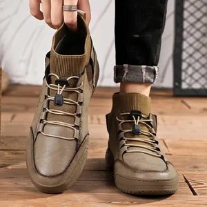 Men's vintage high-top Martin boots with warm knit collar and elastic laces design