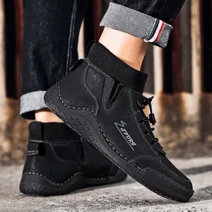 Men's warm high-top Martin boots with retro fleece lining and elastic knit collar