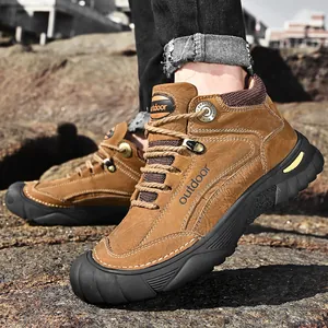 Stevige heren lederen wandelschoenen met dikke rubberen zool voor outdoor trekking
