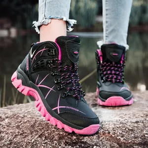 Stijlvolle zwart-roze hoge wandelschoenen voor dames voor outdoor trekking en klimmen