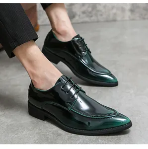 Detailed view of stylish dark green glossy pointed-toe leather dress shoes for men