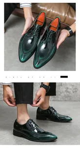 Stylish green gradient patent leather pointed-toe dress shoes with lace-up detail