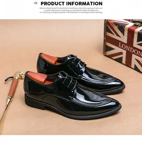 Formal black patent leather Oxford shoes for men with a sharp pointed toe design