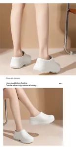 Vista detallada de cómodos zapatos de chef blancos con suela gruesa