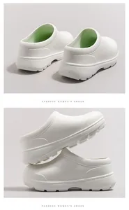 Vistas detalladas de zapatos de chef blancos con suela gruesa, talón y perfil apilado.