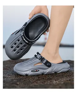 Detail view of breathable grey men's clogs with fashion strap for outdoor beach wear