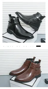 Bottines Martin rétro pour hommes en cuir noir et marron avec boucles élégantes.