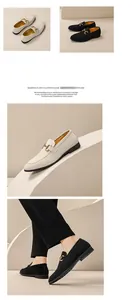 Detailed views of stylish men's suede loafers with classic metal horsebit buckle.