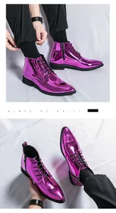 Detail von glänzend violetten, metallischen High-Top-Herrenstiefeletten.
