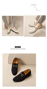 Elegant British style men's suede loafers with gold buckle detail in beige and black