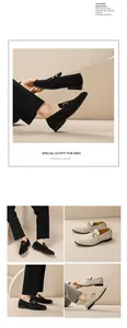 Premium men's British style suede loafers with elegant metal buckle detail in black and beige