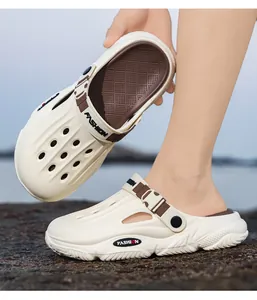 Breathable off-white men's garden clogs with brown straps for summer outdoor wear