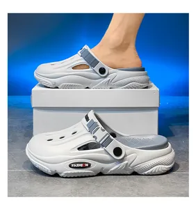 Side detail of breathable gray men's outdoor beach clogs with stylish fashion strap